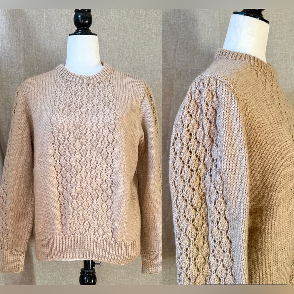 Hand Knit Intricate Open Work Crewneck Sweater - M